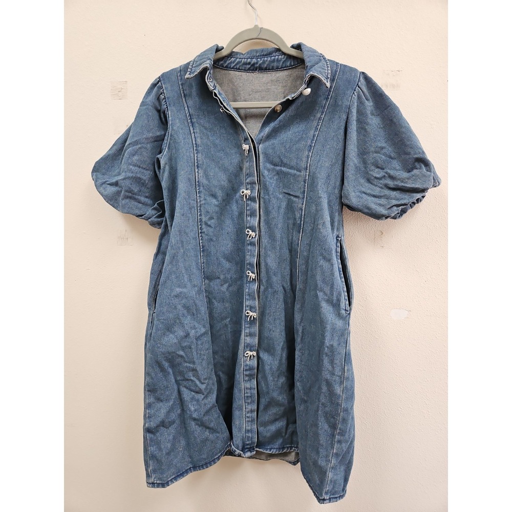 LifeShe Women's Small Short Jean Dress Grannycore Pockets Puff Sleeve NWT
